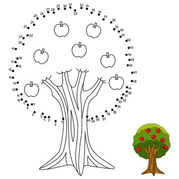 Dot to Dot Apple Tree Coloring Page for Kids Stock Illustration
