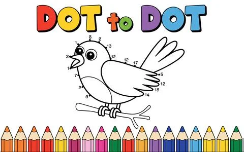Dot to Dot Bird Activity with Colorful Pencils Border Stock Illustration