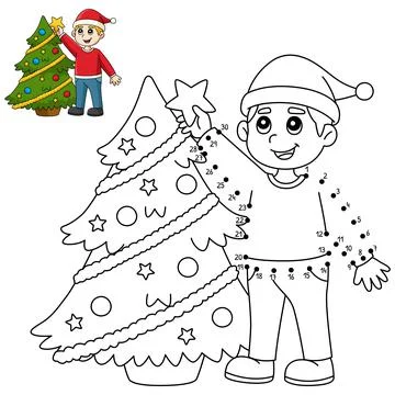 Dot to Dot Boy And Christmas Tree Coloring Page Stock Illustration