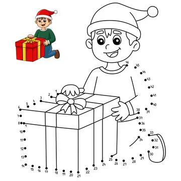 Dot to Dot Christmas Boy Opening Gift Coloring Stock Illustration