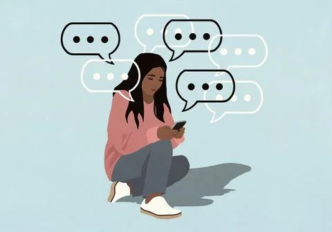 Dot dot dot symbols inside speech bubbles surround young woman texting with mart Stock Illustration