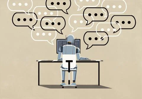 Dot dot dot symbols inside speech bubbles above humanoid chatbot robot working Stock Illustration