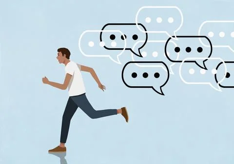 Dot dot dot symbols inside speech bubbles chasing running man on blue background 库存插图