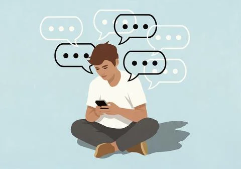 Dot dot dot symbols in speech bubbles around man using smart phone against blue 스톡 일러스트