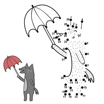 Dot to dot game activity for kids. Connect the points and draw a funny wolf with Stock Illustration