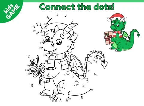 Dot to dot game with cartoon dragon in red hat Stock Illustration