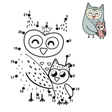 Dot to dot game for children with a cute mother owl and her baby Stock Illustration