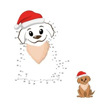 Dot to dot game. Connect puzzle. Funny puppy in christmas hat. Brown dog Stock Illustration