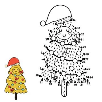 Dot to dot game with a cute Christmas tree in Santa hat Stock Illustration