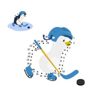 Dot to dot game. Educational number puzzle for kids. Penguin playing hockey Stock Illustration