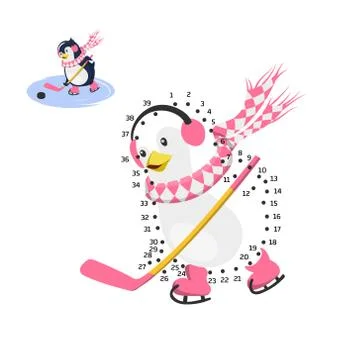 Dot to dot game. Educational number puzzle for kids. Penguin playing hockey Stock Illustration