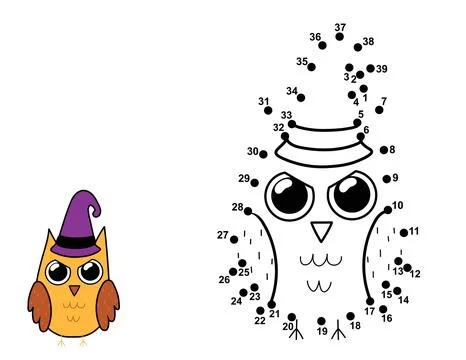 Dot to dot game for kids. Connect the dots and draw a spooky owl. Halloween Stock Illustration