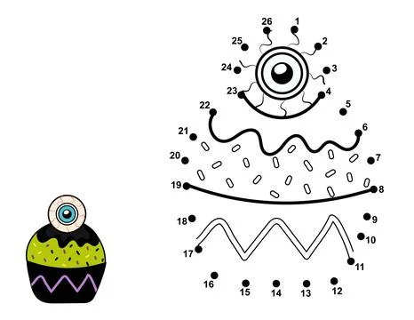 Dot to dot game for kids. Connect the dots and draw a spooky cupcake with Stock Illustration