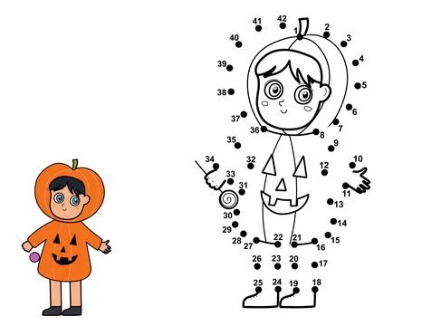 Dot to dot game for kids. Connect the dots and draw a cute kid in pumpkin Stock Illustration