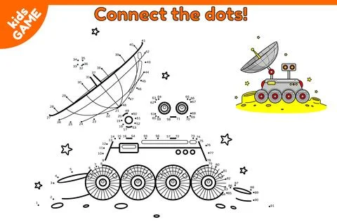 Dot to dot kids game with lunar rover on moon Stock Illustration