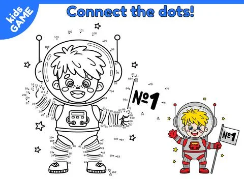 Dot to dot kids game with spaceman in space Stock Illustration