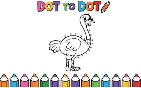 Dot to Dot Ostrich Coloring Page with Pencils connect the dots Stock Illustration