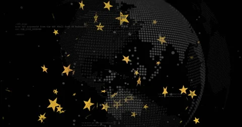 Dot globe emerging from black, rotating with stars gliding and code flickering Stock Footage 313704138
