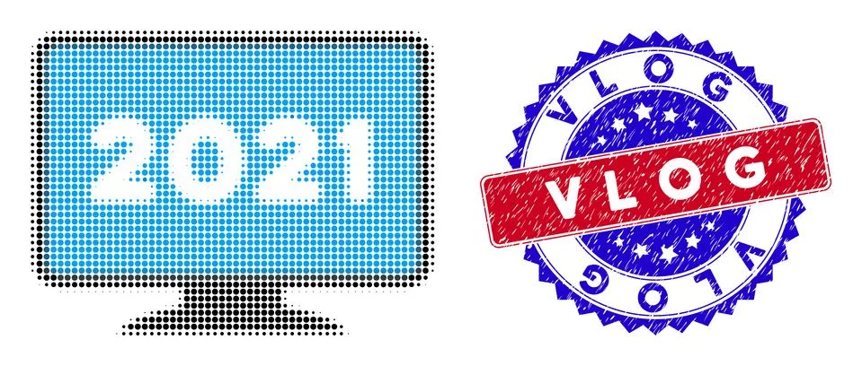 Dot Halftone 2021 display screen Icon and Bicolor Vlog Grunge Rubber Imprint Stock Illustration