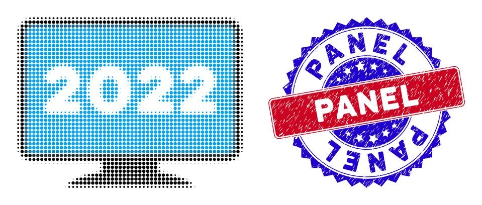 Dot Halftone 2022 display screen Icon and Bicolor Panel Grunge Seal Stamp Stock Illustration