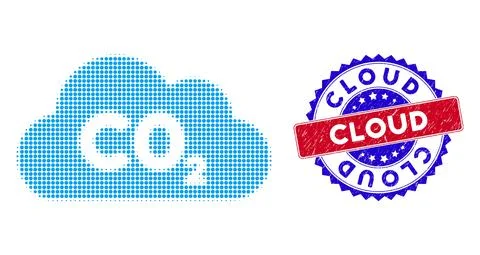 Dot Halftone CO2 gas cloud Icon and Bicolor Cloud Rough Seal Stamp Stock Illustration