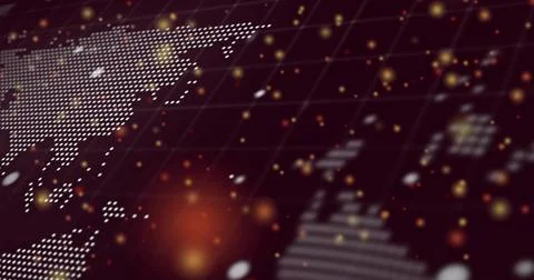 Dot map shifting while camera pulling back, revealing terminal text, grid, bokeh Stock-Illustration