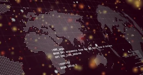 Dot map shifting while camera pulling back, revealing terminal text, grid, bokeh Stock Illustration