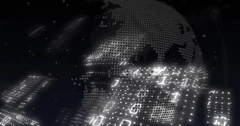 Dot matrix globe emerging against dark while data panels rotating receding Stock Footage 318143557