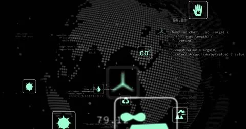 Dot-matrix globe glowing in virtual interface, showing CO2 badge, water droplet, Illustrazione stock