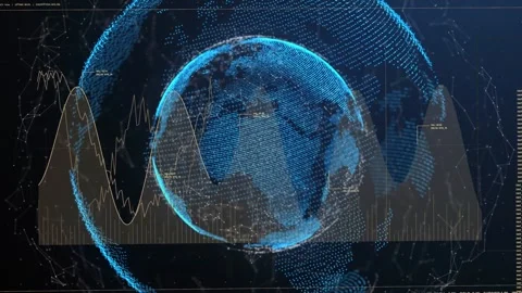 Dot-matrix globe rotating on data pulse, ring shifting while waveform rising to Stock Footage 334724886