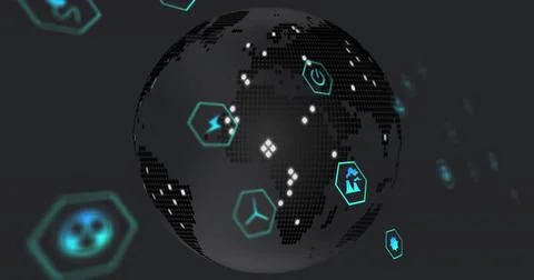 Dot-matrix globe rotating in lab, cyan hex frames power lightning flask Stockillustratie