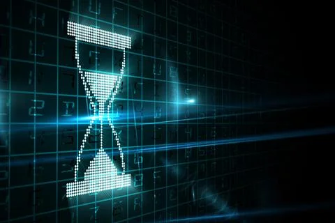 Dot-matrix hourglass is glowing in flat design on dark grid, with blue light Stock Photos