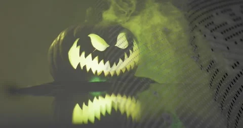 Dot matrix pattern sweeping across pumpkin starting green glow and showing Video stock 317840874