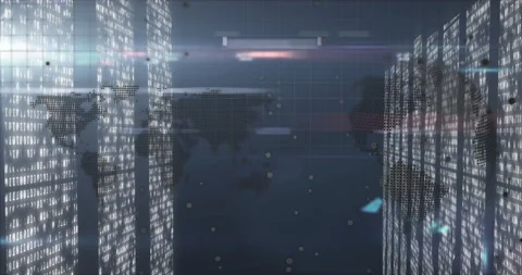 Dot-matrix world map rotating among glowing binary columns while light streaks Video stock 308657378