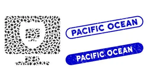 Dot Mosaic Computer Shield with Distress Pacific Ocean Stamps Illustrazione stock