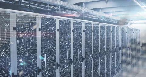 Dot overlay appearing on server racks while code snippets fading and pulsing Stock Footage 311521110