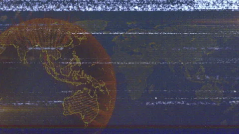 Dot-pattern globe spinning on left, showing glitchy scan lines with faint map Stock Footage 308186739