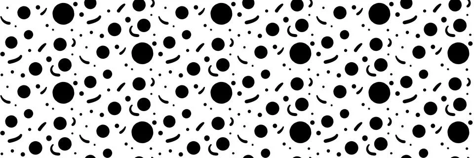 Dot pattern of mixed black circles and curved dash marks. Tossed pattern spacing Illustrazione stock