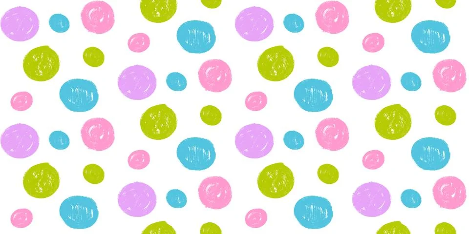 Dot pattern of playful pastel circles in mixed sizes. Green pink and lavender Stock Illustration