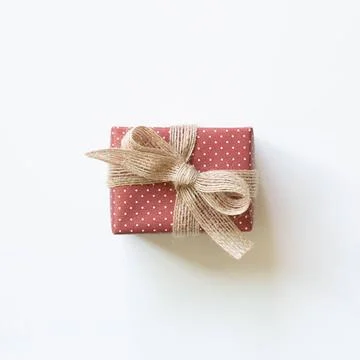 Dot pattern red gift box isolated on white background. top view, copy spac... Stock Photos