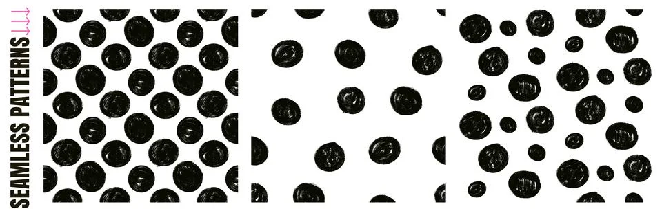 Dot pattern set of three seamless prints in bold black on white. Charcoal spots イラスト素材