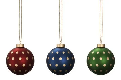 Dot patterned dark christmas ball set hanging isolated on white background Stock Photos
