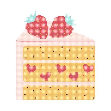 Dot pixel strawberry cake. Piece of dessert strawberry cake. Stock Illustration