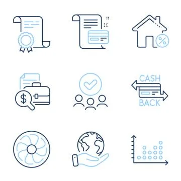 Dot plot, Accounting report and Fan engine icons set. Loan house, Cashback card Ilustración de archivo