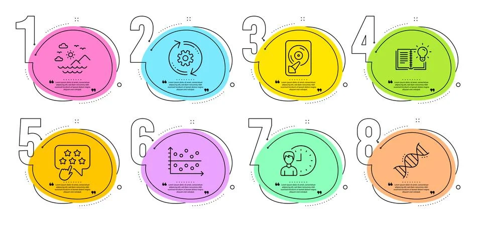 Dot plot, Cogwheel and Working hours icons set. Sea mountains, Chemistry dna and Stock Illustration