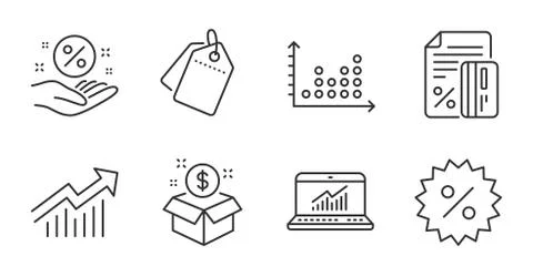 Dot plot, Demand curve and Loan percent icons set. Sale tags, Post package and Ilustración de archivo