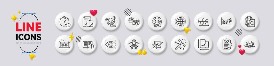 Dot plot, Inspect and Justice scales line icons. For web app, printing. White Ilustración de archivo