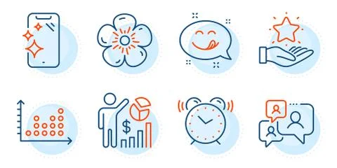 Dot plot, Loyalty program and Smartphone clean icons set. Support chat, Alarm Ilustración de archivo
