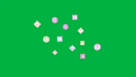 Dot popping, soft icons coming, joining spinning cluster, spreading, showing UI Stock Footage 334726965