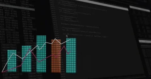 Dot popping, tiled bars growing while lines tracing trends, camera panning, Stock Footage 329471031
